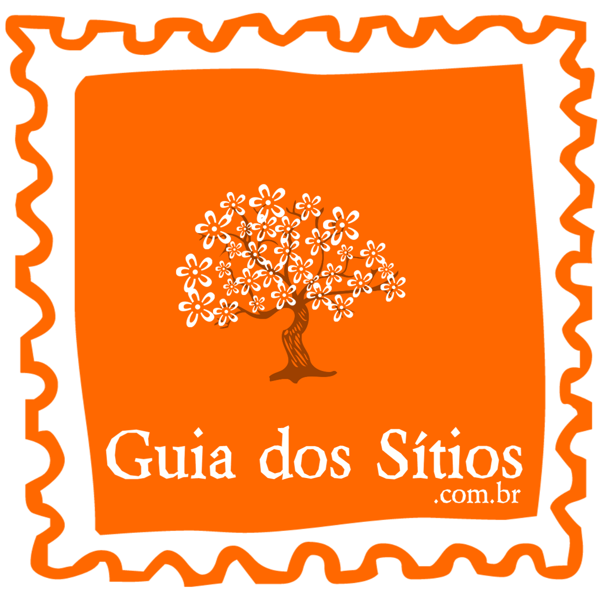 Logotipo laranja com árvore florida e texto Guia dos Sítios